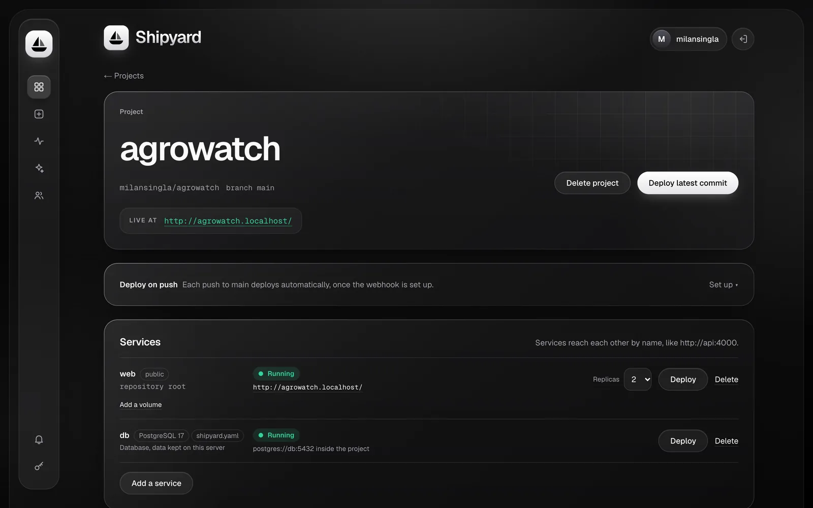 A single project page in Shipyard showing its deployments and status. Sample data.