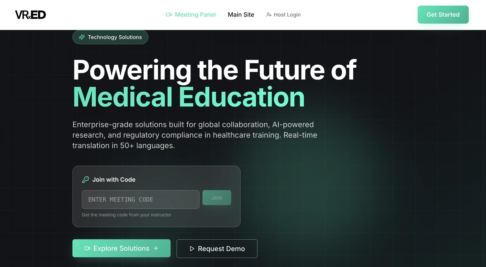 The VRxED Meet home page: the headline “Powering the Future of Medical Education”, a Join with Code box with a meeting-code field, and Explore Solutions and Request Demo buttons.